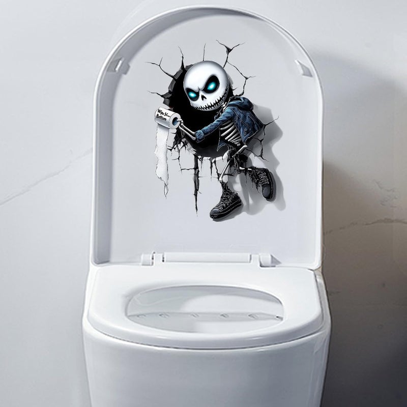 Iprokiu Funny Crack Skull Toilet Decal Self-Adhesive Halloween Decoration Skeleton Toilet Seat Cover Decal Waterproof Cartoon Sticker for Washroom Decoration (Skull) - Image 2